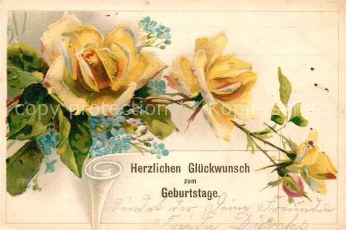 Geburtstag Gelbe Rosen Vergissmeinnicht Litho