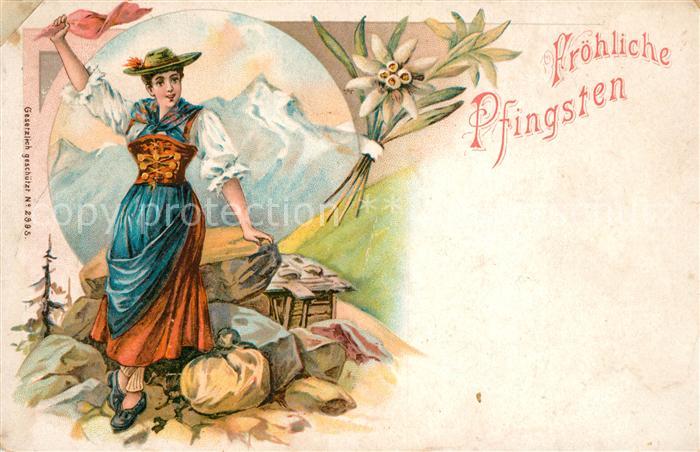 Pfingsten Pentecost Pentecote Edelweiss Litho Frau Tracht