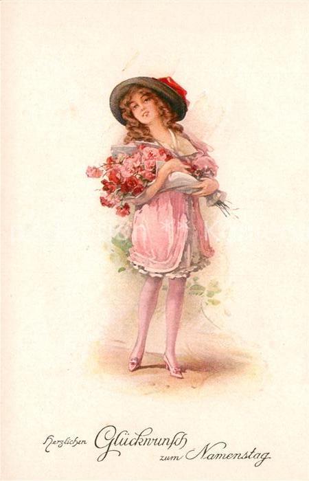 Namenstag Namenskarte Kind Maedchen Hutmode Rosen Verlag-Erkal-Nr. 342/1
