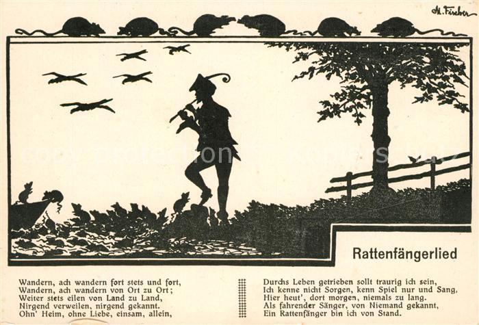 Scherenschnitt Schattenbildkarte Rattenfängerlied Magda Fischer