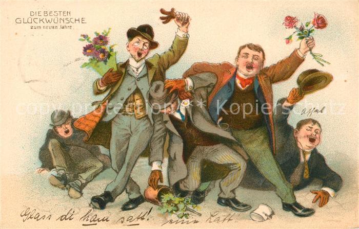 Neujahr Männer Hüte Blumen Litho