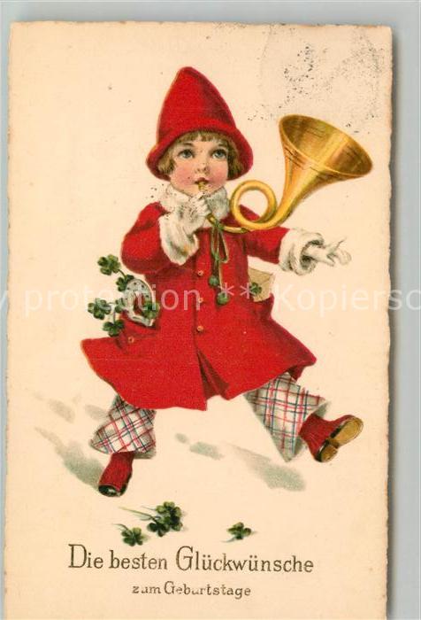 Geburtstag Kind Hufeisen Kleeblatt Horn Litho