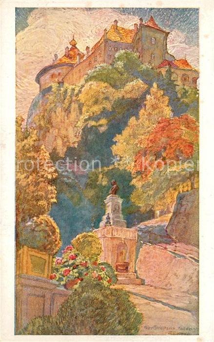 Kufstein Tirol mit Festung und Kinkdenkmal vom oberen Stadtplatz gesehen Kuenstl