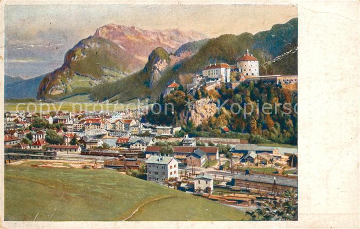 Kufstein Tirol Stadtbild mit Festung Geroldseck und Alpen Kuenstlerkarte