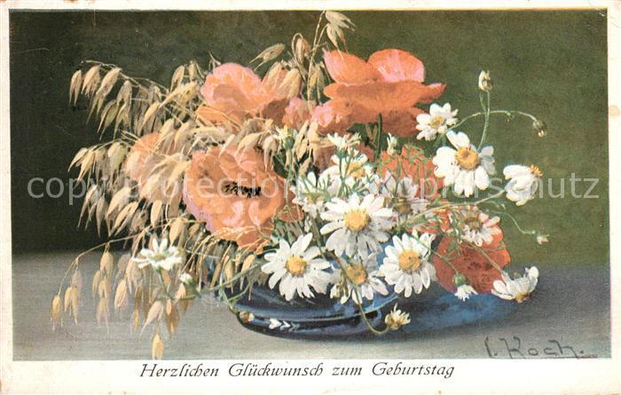 Kuenstlerkarte I. Koch Geburtstag Blumen