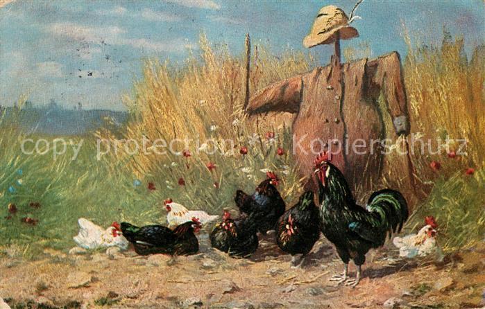 Gefluegel Hahn Hühner Vogelscheuche Künstlerkarte