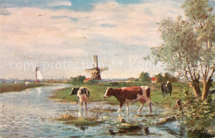 Kuehe Windmühle Segelboot Künstlerkarte