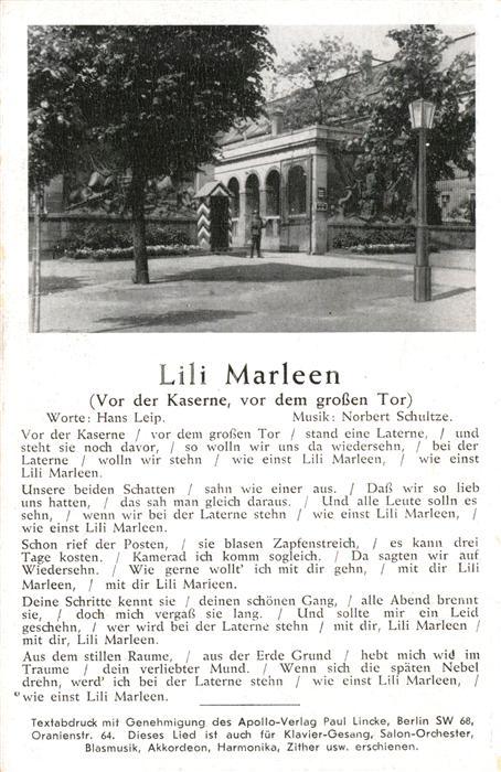 Liederkarte Lili Marleen Vor der Kaserne vor dem gr