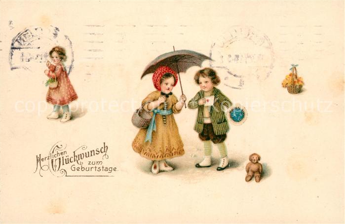 Geburtstag Kinder Regenschirm Teddybär Litho