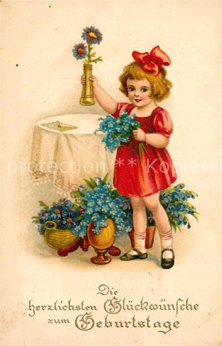 Geburtstag Kind Mädchen Blumen Litho