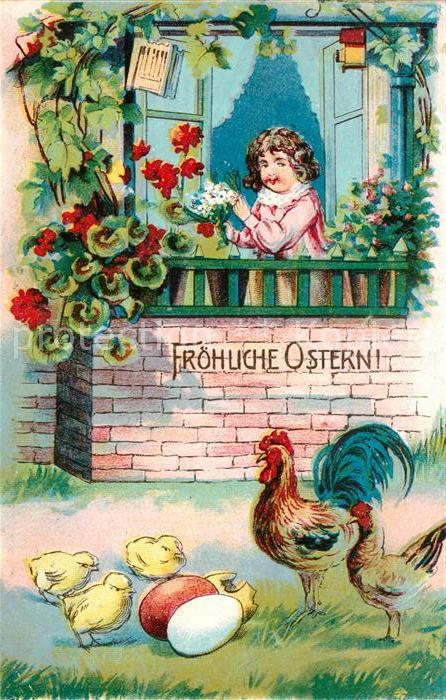 Ostern Easter Paques Hahn Huhn Küken Eier Kind Litho