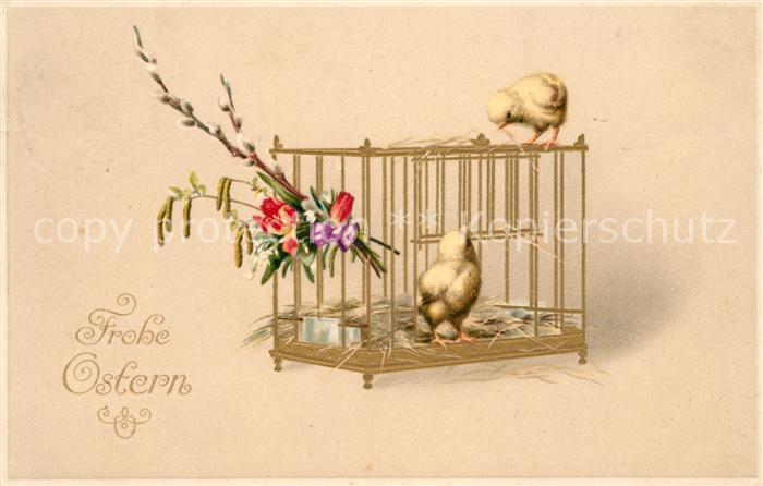 Ostern Easter Paques Küken Käfig Blumen Litho