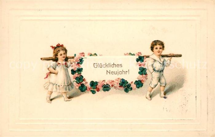 Neujahr Kinder Blumen Kleeblatt Litho