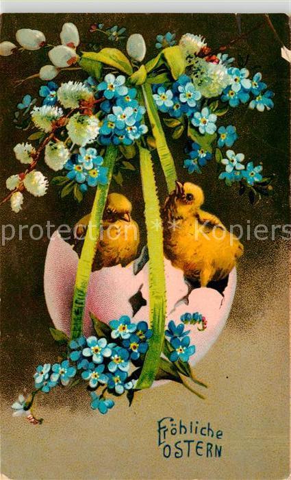 Ostern Easter Paques Kueken Vergissmeinnicht Weidenkaetzchen Litho