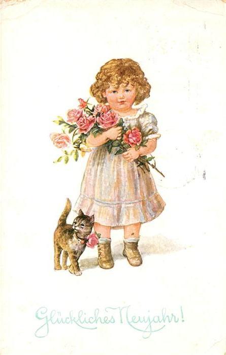 Neujahr Katze Maedchen Rosen