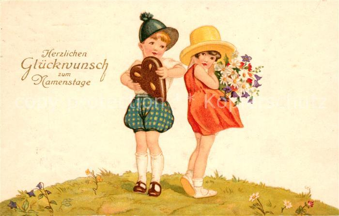 Namenstag Namenskarte Kinder Hutmode Lebkuchen Blumen Litho