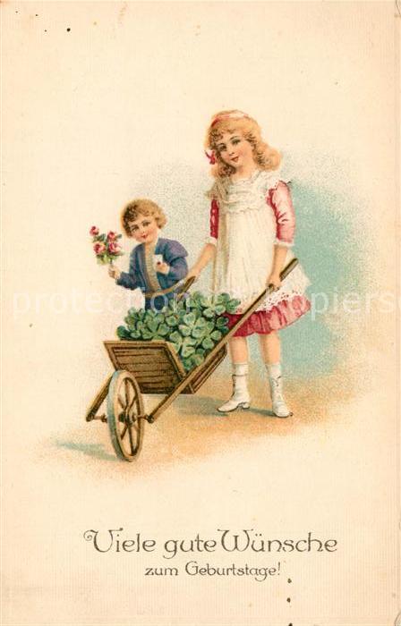 Geburtstag Kinder Schubkarre Kleeblatt Litho