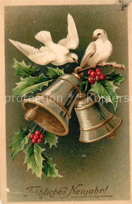 Neujahr Tauben Glocken Stechpalme Litho