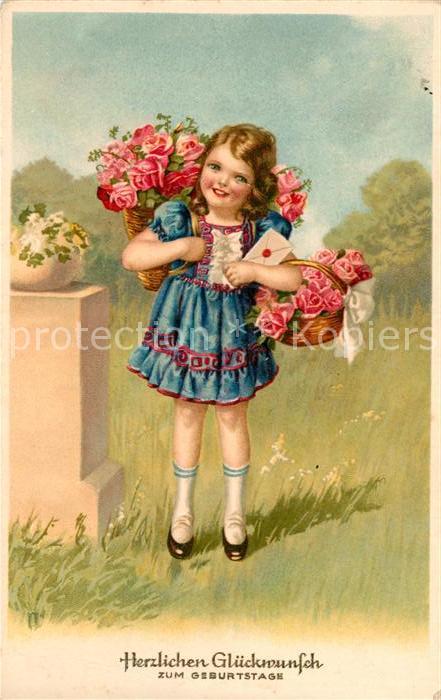 Geburtstag Kind Mädchen Rosen Litho