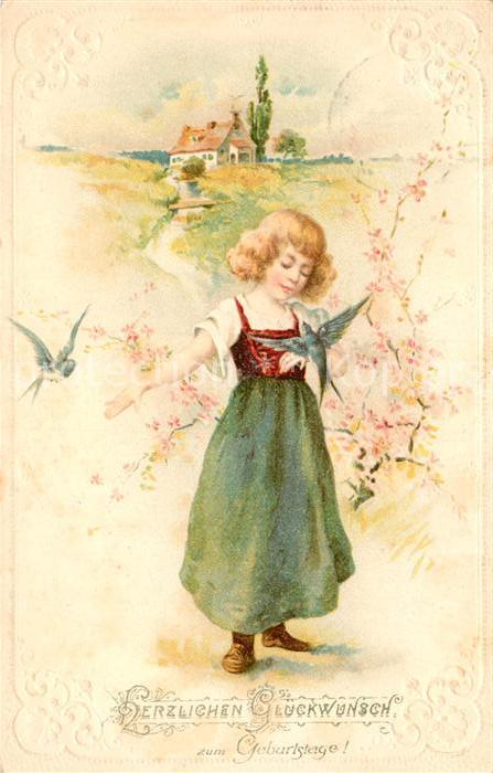 Geburtstag Kind Mädchen Schwalben Litho