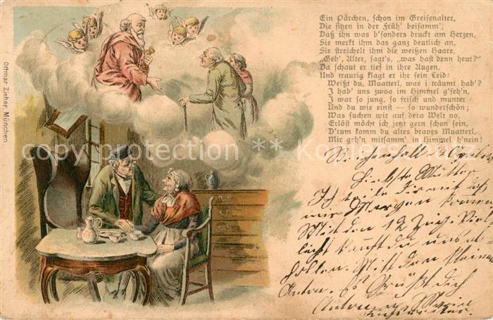 Gedicht auf AK Altes Ehepaar Tod Himmel Engel Litho