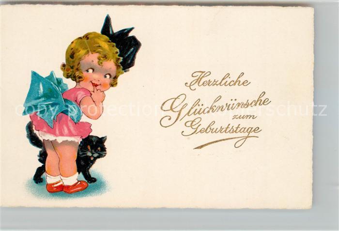 Geburtstag Kind Maedchen Katze Litho