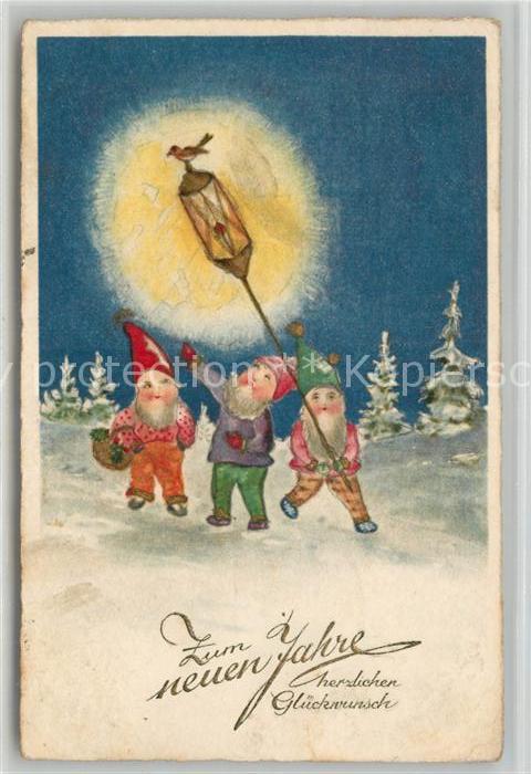 Zwerge Dwarfs Nains Neujahr Laterne Vogel