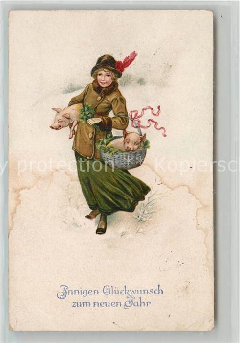 Neujahr Frau Schweine Litho