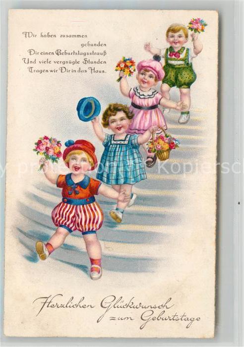 Geburtstag Kinder Blumen Hut Gedicht Litho