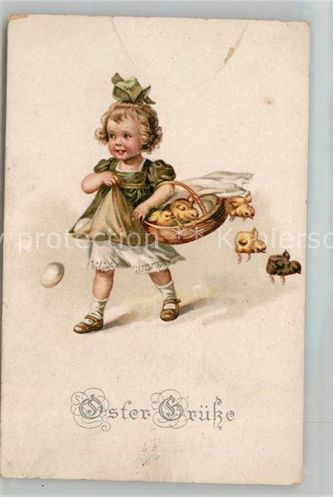 Ostern Easter Paques Kind Maedchen Kueken Eier Litho