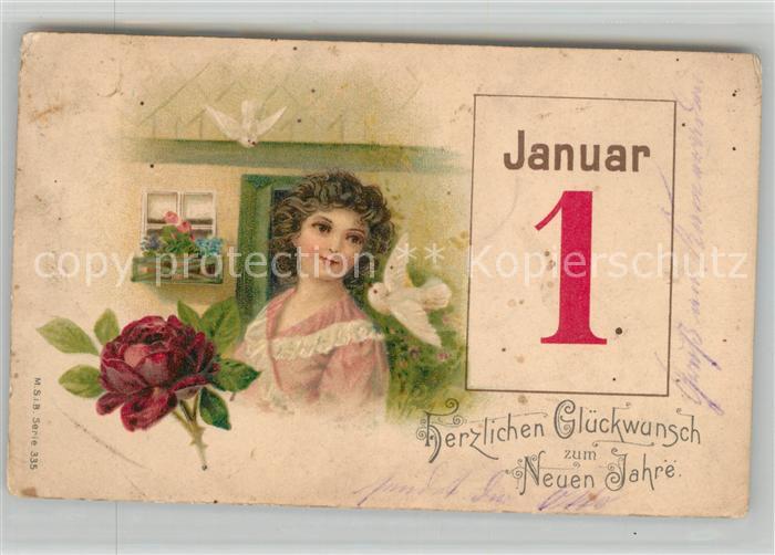 Neujahr Frau Rose Tauben Litho
