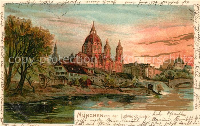 Muenchen Bayern Panorama von der Ludwigsbruecke