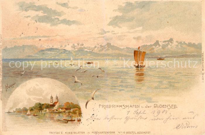 Friedrichshafen Bodensee Kuenstlerkarte Kappus Segelboot Kirche