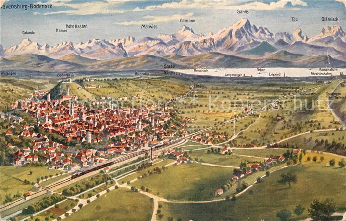 Ravensburg Wuerttemberg Fliegeraufnahme Schussental Bodensee Gebirge