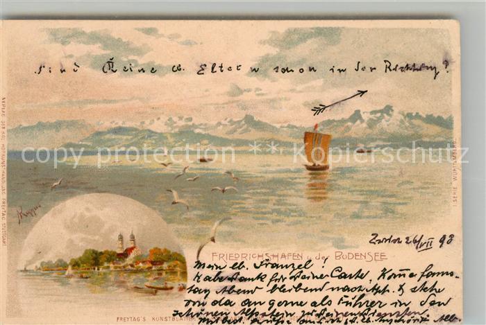 Friedrichshafen Bodensee Segelboot Panorama K?nstlerkarte
