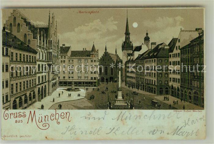 Muenchen Bayern Marienplatz Saeule Mondschein