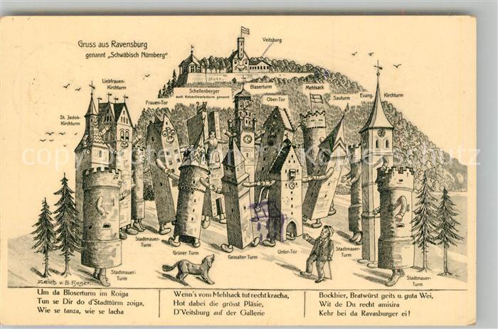 Ravensburg Wuerttemberg Panoramakarte Veitsburg Kirche Blaserturm Mehlsack