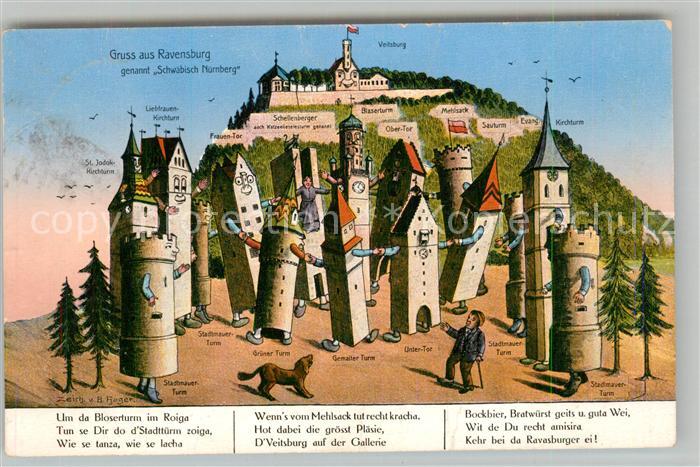Ravensburg Wuerttemberg Panoramakarte Veitsburg Mehlsack Gruener Turm Blaserturm