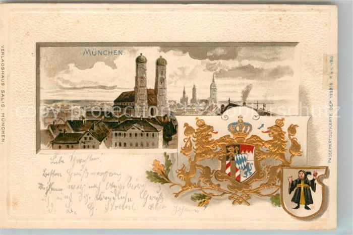 Muenchen Bayern Stadtpanorama mit Frauenkirche Wappen Krone Kuenstlerkarte