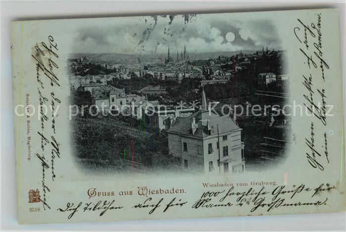 Wiesbaden Stadtpanorama im Mondschein Blick vom Grubweg Deutsche Reichspost