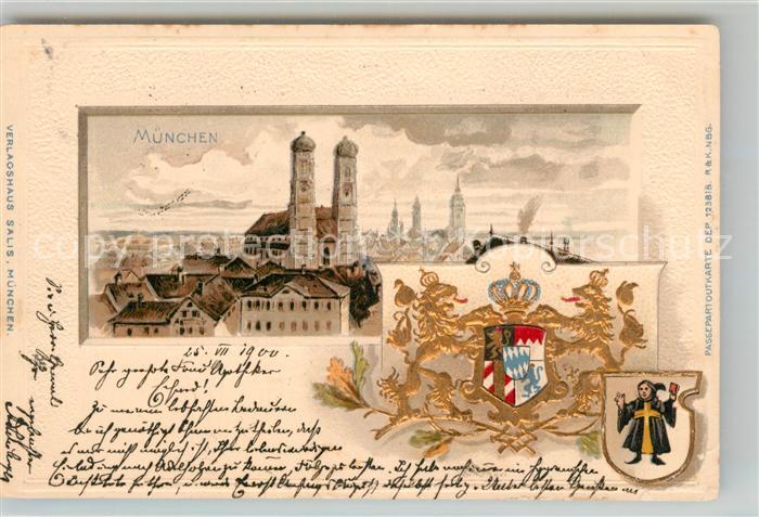 Muenchen Bayern Stadtpanorama mit Frauenkirche Wappen Krone Kuenstlerkarte