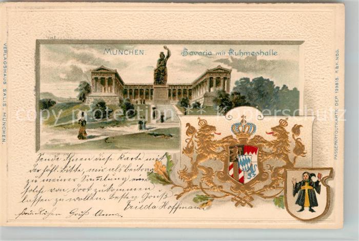 Muenchen Bayern Bavaria mit Ruhmeshalle Wappen Krone Kuenstlerkarte