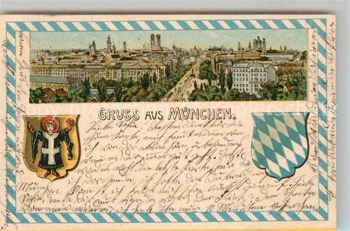 Muenchen Bayern Stadtpanorama Wappen Litho
