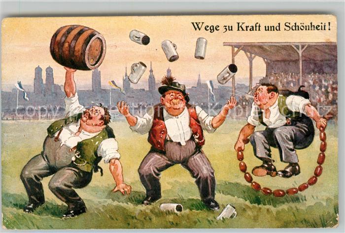 Muenchen Bayern Wege zu Kraft und Schoenheit Stadion Bierfass Bierkrug Karikatur