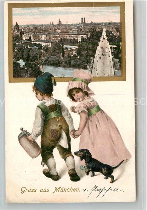 Muenchen Bayern Stadtpanorama Isarbruecke Kinder mit Hund Bierkrug