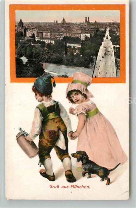 Muenchen Bayern Stadtpanorama Isarbruecke Kinder mit Hund Bierkrug