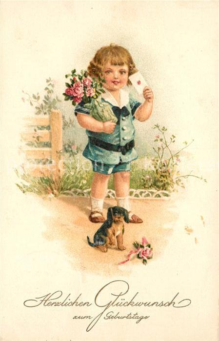 Geburtstag Hund Welpe Kind Rosen Blumen Litho