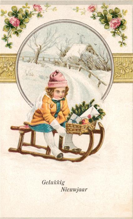 Schlitten Schnee Kind Brief Neujahr Litho