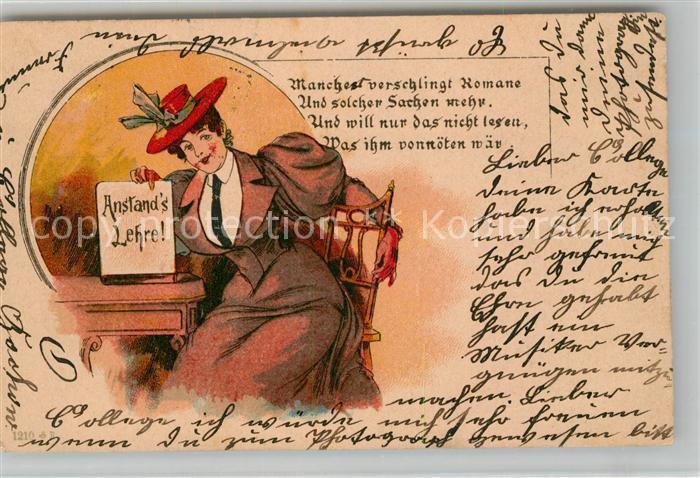 Humor Anstandslehre Frau Hut Vers Litho