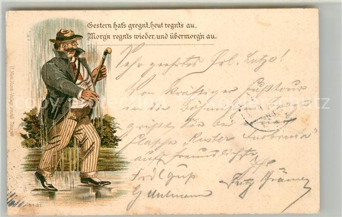 Lithographie Mann Hut Regen Vers